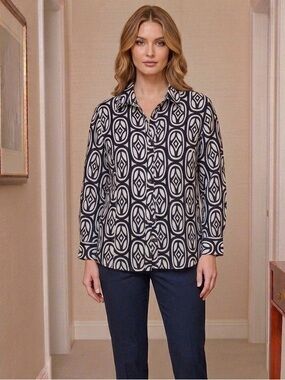 NWT JM Collection 100% Linen Geometric Button Down Shirt 14P